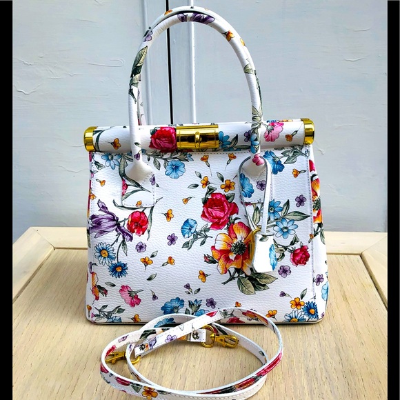 Borse In Pelle Handbags - BORSE IN PELLE WHITE FLORAL LEATHER HANDBAG